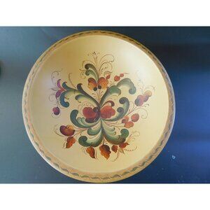 Norwegian Rosemaling Footed Wooden Bowl Vintage Hand Painted Folk Art 10 1/2"